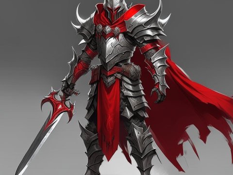 Armored Knight in Silver and Red with Tattered Cape