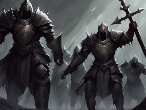 Armored Knights Advancing in a Dark Misty Forest