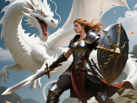 Armored Paladin Facing a Majestic White Dragon