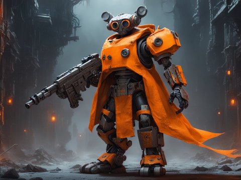 Armored Robot with Orange Cloak in Futuristic Ruins