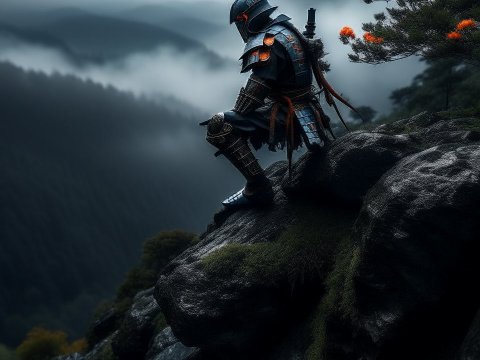 Armored Samurai Standing on Rocky Cliff Overlooking Misty Mountains