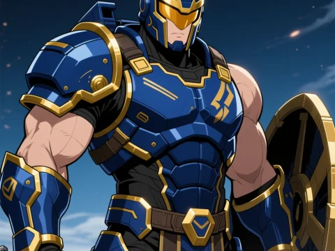 Armored Super Soldier in Blue and Gold Anime Style