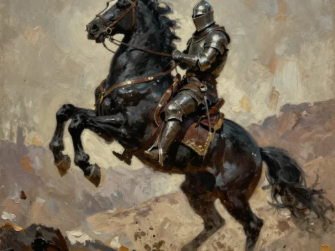 Armored Templar Knight on Rearing Black Horse