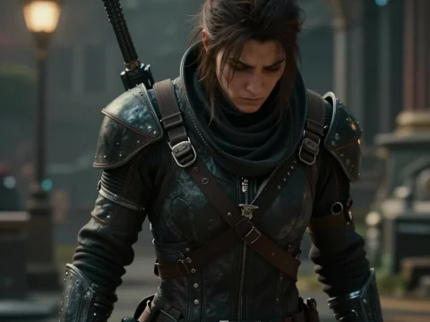 Armored Warrior in a Medieval Urban Setting