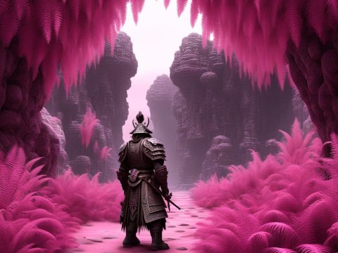 Armored Warrior in a Surreal Pink Fractal Landscape