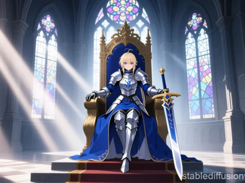 Armored Warrior on Throne in Stained Glass Cathedral