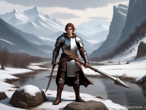Armored Warrior Standing in Snowy Mountain Valley