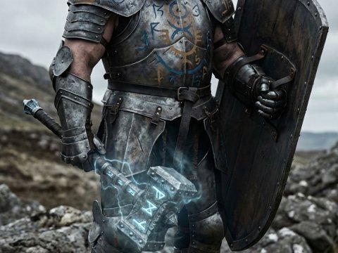 Armored Warrior with Enchanted Hammer and Shield