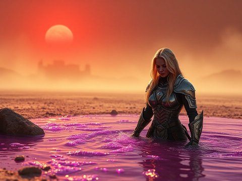 Armored Woman in Purple Liquid at Sunset