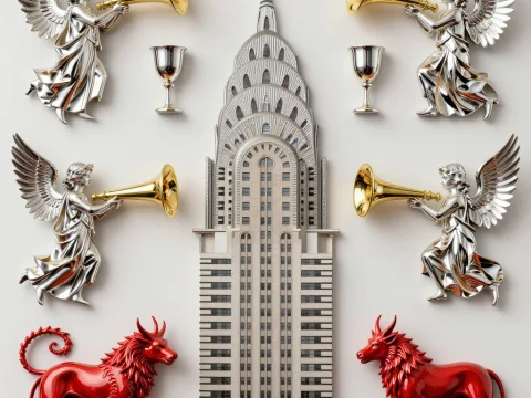 Art Deco Building Surrounded by Angelic Trumpeters and Mythical Red Lions