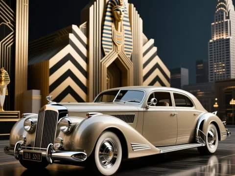 Art Deco Classic Luxury Car in Stylized Urban Setting