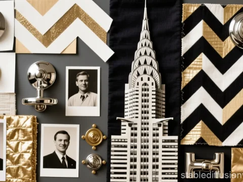 Art Deco Design Elements with Vintage Portraits and Building Model