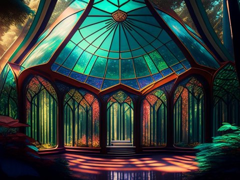 Art Deco Glass Pavilion in a Lush Forest