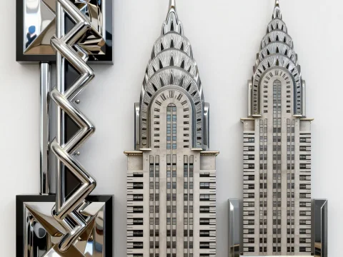 Art Deco Inspired Chrome Sculptures and Chrysler Building Facades