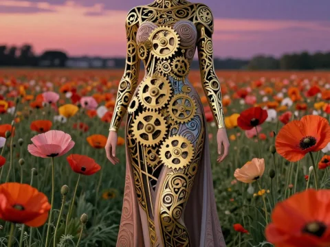 Art Nouveau Clockwork Woman in a Flower Field at Sunset