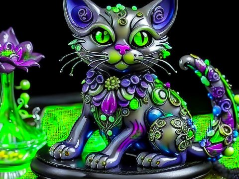 Art Nouveau Style Decorative Cat Figurine with Floral Accents