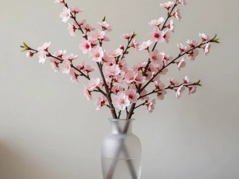 Artificial Cherry Blossoms in Frosted Glass Vase