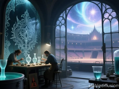 Artisans Crafting Glassware in a Mystical Workshop