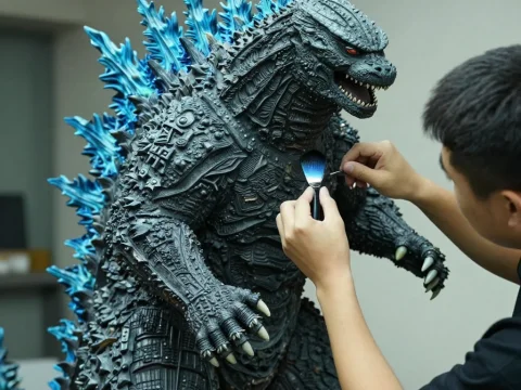 Artist Detailing a Realistic Godzilla Model