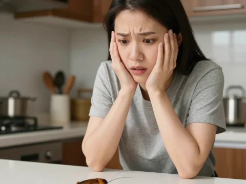 Asian Woman Frightened by Cockroach in Kitchen