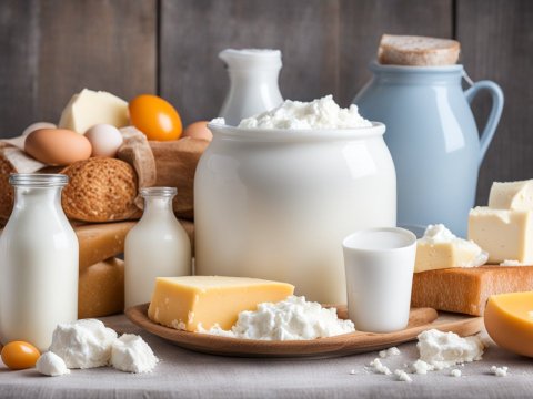 Assorted Dairy Products and Fresh Bread on Wooden Table