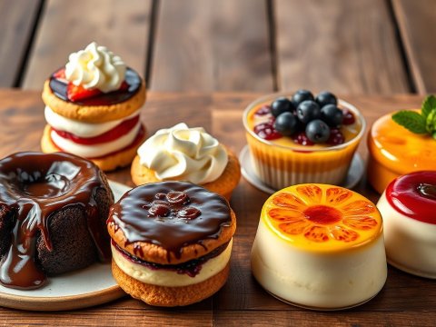 Assorted Gourmet Mini Desserts on Wooden Table