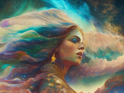 Astral Female Face with Colorful Cosmic Hair