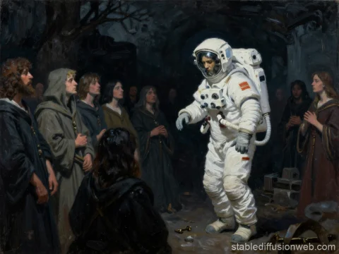 Astronaut Among Medieval Cult Followers