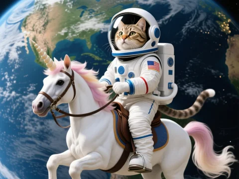 Astronaut Cat Riding a Unicorn in Space