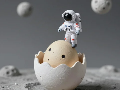 Astronaut Emerging from Moon Egg on Lunar Surface