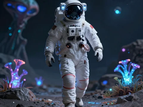 Astronaut Exploring a Glowing Alien Landscape