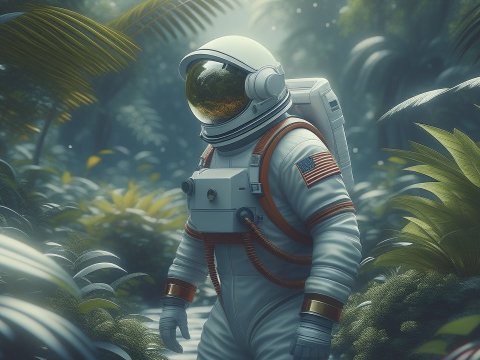 Astronaut Exploring a Lush Alien Jungle