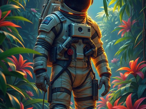 Astronaut Exploring a Lush Jungle
