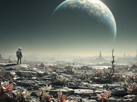 Astronaut Exploring Alien Flower Landscape Under Distant Planet