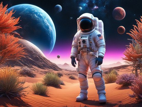 Astronaut Exploring an Alien Desert Landscape with Multiple Planets