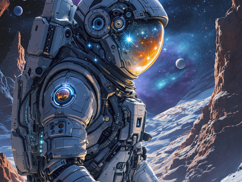 Astronaut Exploring an Alien Landscape Under a Starry Sky