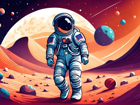 Astronaut Exploring an Alien Planet with Colorful Planets