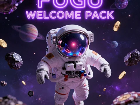 Astronaut Floating in Space with Neon FUGU Welcome Pack Sign