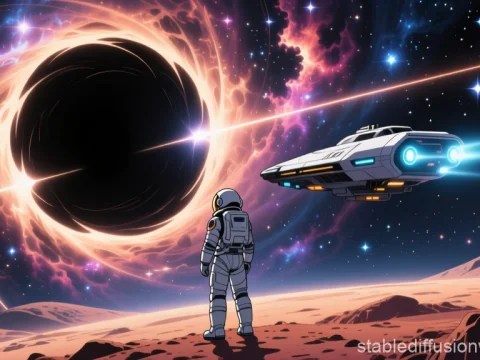 Astronaut Observing a Cosmic Black Hole with Spaceship Nearby