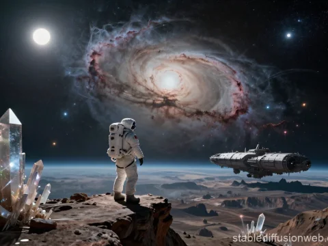 Astronaut Observing a Spiral Galaxy from an Alien Planet
