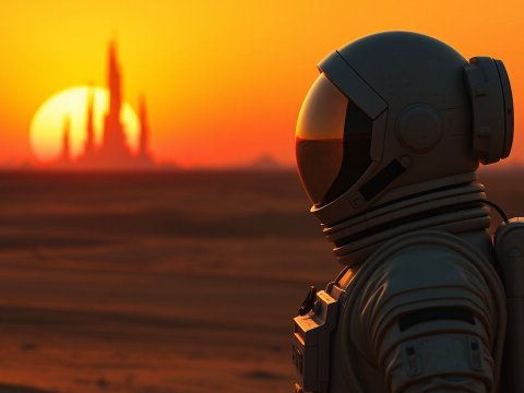Astronaut Observing Alien Sunset with Futuristic City Silhouette