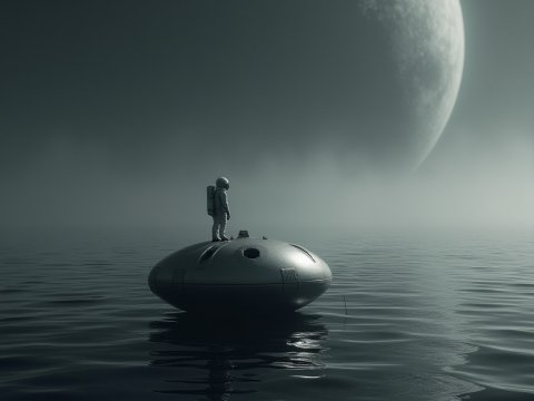 Astronaut on a Capsule Floating Under a Giant Moon