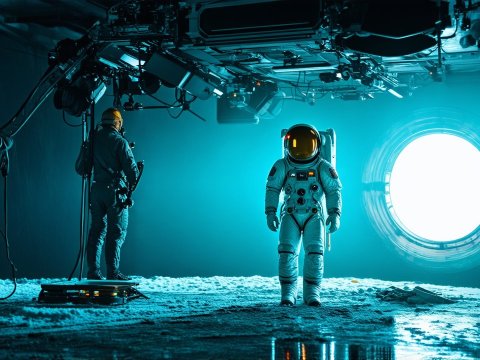 Astronaut on a Sci-Fi Film Set with Bright Portal