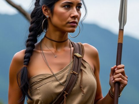 Athletic Woman Holding Spear in Outdoor Setting