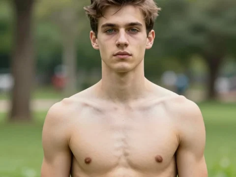 Athletic Young Man Standing Shirtless in Park