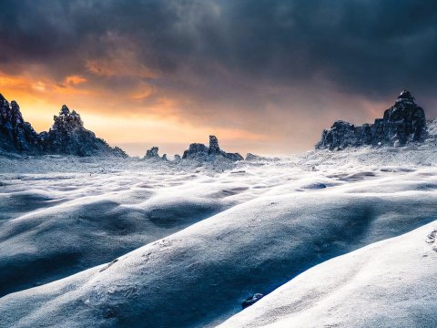 Atmospheric Snowy Landscape at Sunset