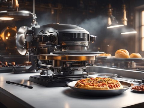 Automated Robotic Kitchen Preparing Pizza and Bread