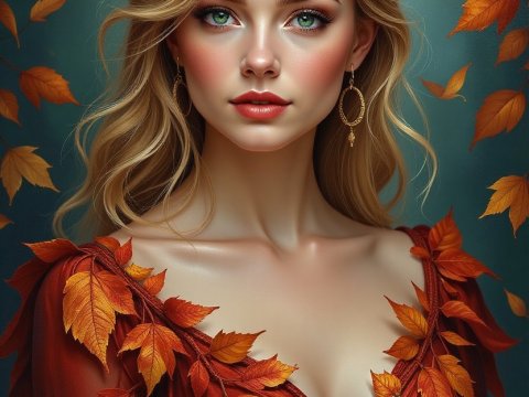 Autumn Elegance: Portrait of a Woman with Fall Leaves