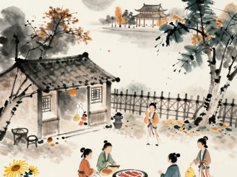 Autumn Family Reunion in Traditional Ink Style
