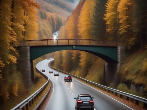 Autumn Highway with Bridge in Forested Mountains